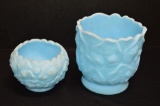 Satin Blue Custard Footed Planter Vase; Small Satin Blue Bowl