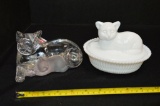 Milk Glass Cat in Basket - Westmoreland? Clear Crystal Cat Figurines