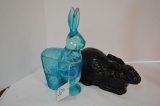 2 Bunny Covered Dish: Blue Dish Has Basket 9 1/2