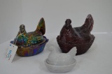 1 Carnival Fenton Hen on Nest, 1 Purple Slag Hen on Nest, 1 Mini Lavender H