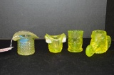 Vaseline Group of Toothpick Holders: Hat, Indian Heads, Elephant and Saddle