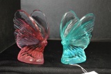 Pair Fenton Butterfly Paperweights - Teal and Pink