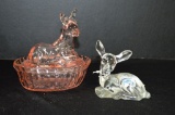 Pink Pressed Glass Deer Dish and Clear Deer Paperweight