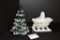 White Milk Glass Santa in Sleigh Dish and Painted Green Glass Pine Tre