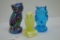 Group of Owl Figures: Carnival, Clear Blue - Mosser, Yellow Grape Glass