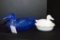 Pair of Ducks: Large Blue Candy Dish, 1 White Duck on Nest by Fenton - 11