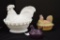 1 Large Milk Glass Rooster on Basket, Open Edged w/ Glass Eyes Hand painted