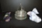 Group of Clear Sailboat Covered Dish: Small Purple Carnival Glass Fish and