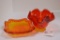 1 Amberina Button and Daisy Ash Tray, 1 Ruffled Dish