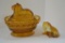 1 Amber Lion in Basket, 1 Slag Lion Figure