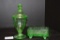 1 Clear Green Footed Trough Dish, 1 Clear Green Covered Candy Dish