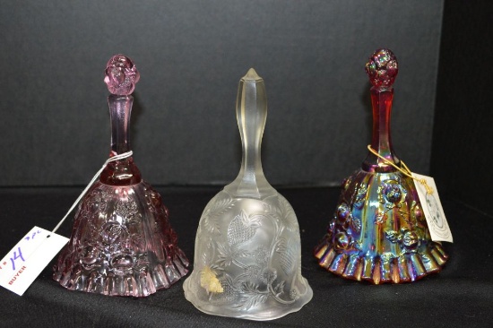 3 Bells: 2 Pressed Glass - Fenton, 1 Carnival by Fenton