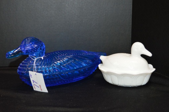 Pair of Ducks: Large Blue Candy Dish, 1 White Duck on Nest by Fenton - 11"