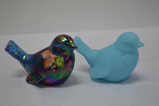 2 Bird Figurines: 1 Carnival, Hand painted and Signed Fenton, 1 Blue Custar