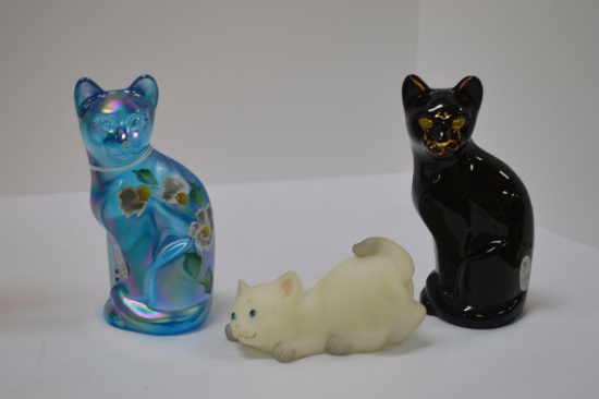 3 Cat Figures: 2 Hand painted and Signed Fenton, 1 Signed