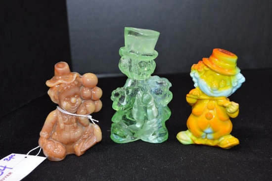 Group Slag Glass Clown Figurines: Brown "Maxi," Multi "Rinky," Marked w/ T