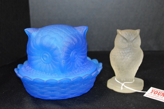 1 Blue Frosted Owl Head on Nest, 1 Clear Frosted Owl Figurine
