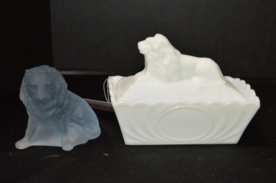 1 White Milk Glass Lion Dish w/ Crack, 1 Frosted Lion Figurine