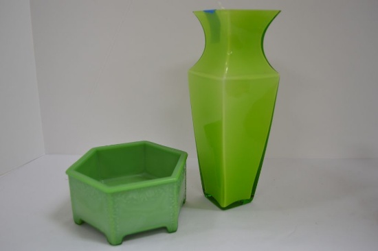 1 Green Encased Vase 8", 1 Green Octagon Slag Dish