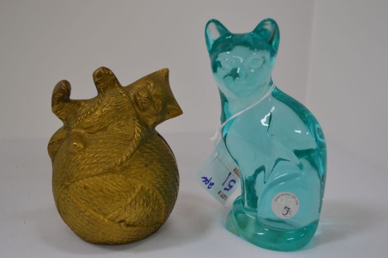 1 Brass Color Cat Bank, 1 Blue Fenton Cat "95"