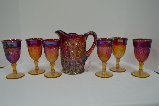 Amberina Daisy and Shield Pitcher and 6 Goblets