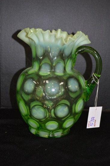 Green Opalescent Dot Crimped Edge Pitcher 9 1/2" Tall
