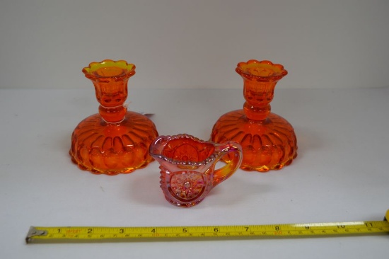 Pair of Orange Candle Holders, 1 Carnival Pitcher/Toothpick Holder
