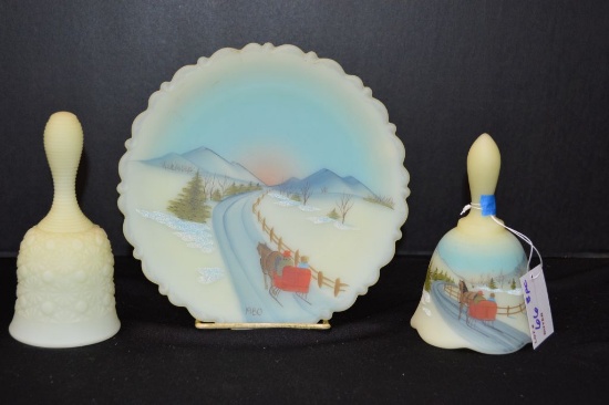Group of Custard Hand painted and Signed Bell and Plate Horse and Sleigh Ri