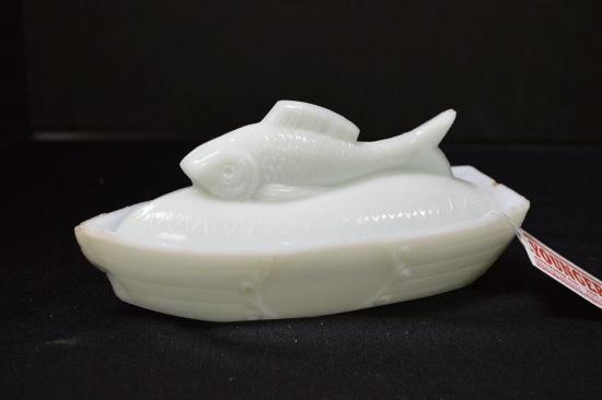 Milk Glass Covered Fish on Boat Dish, chip on Front