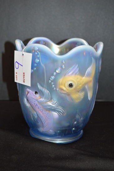 Carnival Hand painted and Signed Fish Vase by Fenton: 6 1/2" Tall, 6" Wide