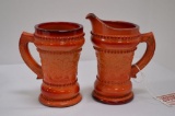 Orange Red Slag Creamer and Sugar - Leaf Pattern and Bead