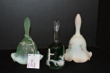 3 Bells: 2 Fenton Hand painted and Signed, 1 Clear Green, 1 