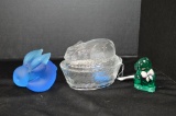 Group of Rabbits: Clear Rabbit on Nest, Blue Rabbit Paperweight, Small Gree