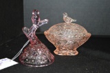 Pink Fenton Owl Ring Tree, Pink Small Bird Lidded Dish