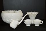 15pc. White Milk Glass Punch Bowl and Cups and Ladle, Small Fruit Dish - Fr