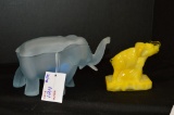 Blue Frosted Lidded Elephant - Small Chigger, Yellow Slag Paperweight by Bo