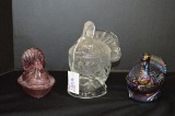 3 Turkey: 1 Clear Standing Dish, 1 Pink on Nest &  Carnival Dish by Imperial