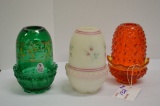 3 Fairy Lamps: Orange Hobnail Fenton, White Hand painted and Signed Fenton,