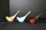3 Birds by Fenton: Blue Custard Hand painted and Signed, Clear Red