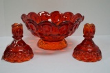 Group of Red Amberina: Pair of Candle Holders, 1 Large Compote 10