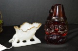 Moonstone White Hand painted Sleigh and Red Santa Fairy Lamp by Fenton - Cr