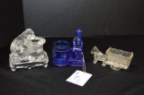 Group of Toothpick Holders: Clear Pony and Cart, Clear Dog/Hat, Blue Mare/B