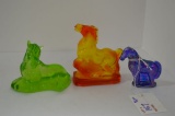3 Horse Figurines: Small Blue Carnival Glass, Clear Green by Fenton, Starbu