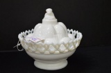 Milk Glass Chick and Egg on Basket, Open Edged - Missing 1 Glass Eye by Wes