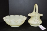 Custard Fluted Fenton Bowl and Basket Hand painted