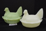 Pair of Custard Hens on Nest, Cream and Lime Sherbet by Fenton