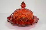 Amberina Covered Button Dish - Flower Pattern