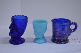2 Toothpick Holders: Cobalt Bunny, Light Blue Bird, Mini Blue Carnival Cup