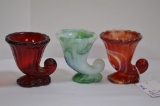 3 Cornucopia Toothpick Holders: 2 Imperial Glass, 1 Red and Red Slag, 1 Gre