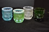 4 Toothpick Holders: 1 Clear Green, 3 Opalescent - 3 are Mosser Glass